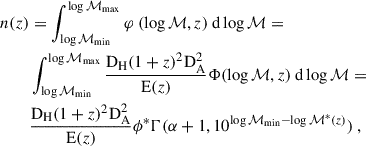 Mathematical equation: $$ \begin{aligned} n(z)&= \int _{\log {\mathcal{M} _{\mathrm{min} }}}^{\log {\mathcal{M} _{\mathrm{max} }}} \varphi \ (\log {\mathcal{M} },z) \ \mathrm{d} \log {\mathcal{M} } = \nonumber \\&\int _{\log {{\mathcal{M} }_{\mathrm{min} }}}^{\log {{\mathcal{M} }_{\mathrm{max} }}} \frac{\mathrm{D} _{\rm H}(1+z)^2\mathrm{D} _{\rm A}^2}{{\mathrm{E} }(z)} \Phi (\log {\mathcal{M} }, z) \ \mathrm{d} \log {\mathcal{M} } = \nonumber \\&\frac{\mathrm{D} _\mathrm{H} (1+z)^2\mathrm{D} _\mathrm{A} ^2}{\mathrm{E} (z)} \phi ^* \Gamma (\alpha + 1, 10^{\log {\mathcal{M} _{\mathrm{min} }} - \log {\mathcal{M} ^*(z)}}) \ , \end{aligned} $$