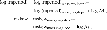 Mathematical equation: $$ \begin{aligned} \log {(\mathrm{mperiod} )} =&\log {(\mathrm{mperiod} )}_{\mathrm{mass,evo,intcpt} } + \nonumber \\&\log {(\mathrm{mperiod} )}_{\mathrm{mass,evo,slope} } \times \log {\mathcal{M} } \ , \nonumber \\ \mathrm{mskew} =&\mathrm{mskew} _{\mathrm{mass,evo,intcpt} } + \nonumber \\&\mathrm{mskew} _{\mathrm{mass,evo,slope} } \times \log {\mathcal{M} } \ . \end{aligned} $$