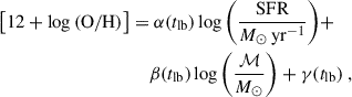 Mathematical equation: $$ \begin{aligned} \left[ 12 + \log {(\mathrm{O/H})} \right] =&\ \alpha (t_{\mathrm{lb} }) \log {\left( \frac{\mathrm{SFR} }{M_{\odot }\,\mathrm{yr}^{-1} } \right)} + \nonumber \\&\beta (t_{\mathrm{lb} }) \log {\left(\frac{\mathcal{M} }{M_{\odot }} \right)} + \gamma (t_{\mathrm{lb} }) \ , \end{aligned} $$