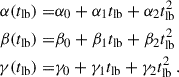 Mathematical equation: $$ \begin{aligned} \alpha (t_{\mathrm{lb} }) =&\alpha _0 + \alpha _1 t_{\mathrm{lb} } + \alpha _2 t_{\mathrm{lb} }^2\nonumber \\ \beta (t_{\mathrm{lb} }) =&\beta _0 + \beta _1 t_{\mathrm{lb} } + \beta _2 t_{\mathrm{lb} }^2\nonumber \\ \gamma (t_{\mathrm{lb} }) =&\gamma _0 + \gamma _1 t_{\mathrm{lb} } + \gamma _2 t_{\mathrm{lb} }^2 \ . \end{aligned} $$