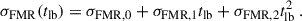 Mathematical equation: $$ \begin{aligned} \sigma _{\mathrm{FMR} }(t_{\mathrm{lb} }) = \sigma _{\mathrm{FMR} ,0} + \sigma _{\mathrm{FMR} ,1} t_{\mathrm{lb} } + \sigma _{\mathrm{FMR} ,2} t_{\mathrm{lb} }^2 \ . \end{aligned} $$