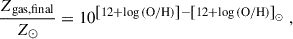 Mathematical equation: $$ \begin{aligned} \frac{Z_{\mathrm{gas,final} }}{Z_{\odot }} = 10^{\left[ 12 + \log {(\mathrm{O/H})} \right] - \left[ 12 + \log {(\mathrm{O/H})} \right]_{\odot }} \ , \end{aligned} $$