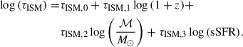 Mathematical equation: $$ \begin{aligned} \log {(\tau _\mathrm{ISM} )} =&\tau _{\mathrm{ISM} ,0} + \tau _{\mathrm{ISM} ,1} \log {(1+z)} +\nonumber \\&\tau _{\mathrm{ISM} ,2} \log {\left(\frac{\mathcal{M} }{M_{\odot }} \right)} + \tau _{\mathrm{ISM} ,3} \log {(\mathrm{sSFR})} . \end{aligned} $$