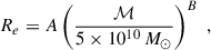 Mathematical equation: $$ \begin{aligned} R_e = A \left( \frac{\mathcal{M} }{5 \times 10^{10}\, M_{\odot }} \right)^B \ , \end{aligned} $$