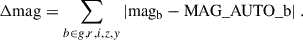 Mathematical equation: $$ \begin{aligned} \Delta \mathrm{mag} = \sum _{b \in g,r,i,z,{ y}} | \mathrm{mag_b} - \mathrm{MAG} \_{\rm AUTO}\_{\rm b} |\ . \end{aligned} $$