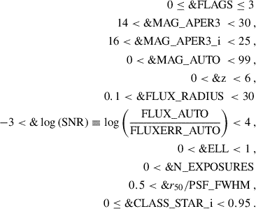 Mathematical equation: $$ \begin{aligned} 0 \le \&\mathrm{FLAGS} \le 3 \, \nonumber \\ 14 < \&\mathrm{MAG} \_{\rm APER3} \ < 30 \ ,\nonumber \\ 16 < \&\mathrm{MAG} \_{\rm APER3}\_{\rm i} \ < 25 \ ,\nonumber \\ 0 < \&\mathrm{MAG} \_{\rm AUTO} \ < 99 \ ,\nonumber \\ 0 < \&\mathrm{z} \ < 6 \ ,\nonumber \\ 0.1 < \&\mathrm{FLUX} \_{\rm RADIUS} \ < 30 \, \nonumber \\ -3 < \&\log {(\mathrm{SNR} )} \equiv \log {\left(\frac{\mathrm{FLUX} \_{\rm AUTO}}{\mathrm{FLUXERR} \_{\rm AUTO}}\right)} < 4 \ ,\nonumber \\ 0 < \&\mathrm{ELL} < 1 \ , \nonumber \\ 0 < \&\mathrm{N} \_{\rm EXPOSURES} \, \nonumber \\ 0.5 < \&r_{50}/\mathrm{PSF} \_{\rm FWHM} \ , \nonumber \\ 0 \le \&\mathrm{CLASS} \_{\rm STAR}\_{\rm i} < 0.95 \ . \end{aligned} $$