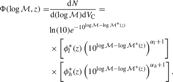 Mathematical equation: $$ \begin{aligned} \Phi (\log {\mathcal{M} }, z) =&\frac{\mathrm{d} N}{\mathrm{d} ( \log {\mathcal{M} }) \mathrm{d} V_{\mathrm{C} }} = \nonumber \\&\mathrm{ln} (10) e^{-10^{\log {\mathcal{M} } - \log {\mathcal{M} ^*(z)}}} \nonumber \\&\times \left[ \phi _{{l}}^*(z) \left( 10^{\log {\mathcal{M} } - \log {\mathcal{M} ^*(z)}} \right)^{\alpha _{{l}}+1} \right] \nonumber \\&\times \left[ \phi _{{h}}^*(z) \left( 10^{\log {\mathcal{M} } - \log {\mathcal{M} ^*(z)}} \right)^{\alpha _{{h}}+1} \right]. \end{aligned} $$