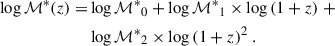 Mathematical equation: $$ \begin{aligned} \log {\mathcal{M^*} }(z) =&\log {\mathcal{M^*} }_0 + \log {\mathcal{M^*} }_1 \times \log {(1+z)} \ + \nonumber \\&\log {\mathcal{M^*} }_2 \times \log {(1+z)}^2 \ . \end{aligned} $$