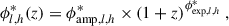 Mathematical equation: $$ \begin{aligned} \phi ^*_{{l,h}}(z) = \phi ^*_{\mathrm{amp} ,{l,h}} \times (1 + z)^{\phi ^*_{\mathrm{exp} ,{l,h}}} \ , \end{aligned} $$
