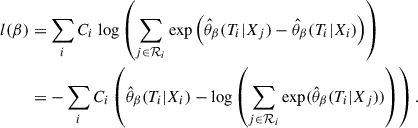 Mathematical equation: $$ \begin{aligned} l(\beta )&= \sum _i C_i\ {\log } \left(\sum _{j \in \mathcal{R} _i} {\exp } \left(\hat{\theta }_\beta (T_i | X_j) - \hat{\theta }_\beta (T_i | X_i)\right)\right)\nonumber \\&= - \sum _i C_i \left(\hat{\theta }_\beta (T_i | X_i) - {\log } \left(\sum _{j \in \mathcal{R} _i} {\exp }(\hat{\theta }_\beta (T_i | X_j))\right)\right). \end{aligned} $$