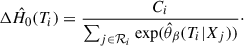 Mathematical equation: $$ \begin{aligned} \Delta \hat{H}_0(T_i) = \frac{C_i}{\sum _{j \in \mathcal{R} _i} {\exp } (\hat{\theta }_{\beta } (T_i|X_j))}\cdot \end{aligned} $$