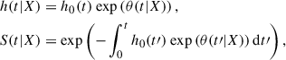 Mathematical equation: $$ \begin{aligned} h(t|X)&= h_0(t)\ {\exp }\left(\theta (t|X)\right),\nonumber \\ S(t|X)&= {\exp }\left(-\int _0^t h_0(t\prime )\ {\exp }\left(\theta (t\prime |X)\right) \mathrm{d}t\prime \right), \end{aligned} $$