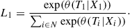 Mathematical equation: $$ \begin{aligned} L_1 = \frac{{\exp }(\theta (T_1|X_1))}{\sum _{i \in N} {\exp } (\theta (T_i|X_i))}\cdot \end{aligned} $$