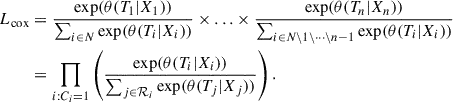 Mathematical equation: $$ \begin{aligned} L_{\rm cox}&= \frac{{\exp }(\theta (T_1|X_1))}{\sum _{i \in N} {\exp } (\theta (T_i|X_i))} \times \ldots \times \frac{{\exp }(\theta (T_n|X_n))}{\sum _{i \in N \setminus 1 \setminus \dots \setminus n-1} {\exp } (\theta (T_i|X_i))}\nonumber \\&= \prod _{i: C_i=1} \left(\frac{{\exp }(\theta (T_i|X_i))}{\sum _{j \in \mathcal{R} _i} {\exp } (\theta (T_j|X_j))}\right). \end{aligned} $$