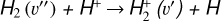 Mathematical equation: ${{\rm{H}}_2}\left( {v ''} \right) + {{\rm{H}}^ + } \to {\rm{H}}_2^ + \left( {v '} \right) + {\rm{H}}$