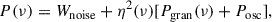 Mathematical equation: $$ \begin{aligned} P(\nu ) = W_{\rm noise} + \eta ^{2}(\nu )[P_{\rm gran}(\nu ) + P_{\rm osc}], \end{aligned} $$