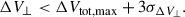 Mathematical equation: $$ \begin{aligned} \Delta V_{\perp } < \Delta V_{\mathrm{tot,max} } + 3\sigma _{\Delta V_{\perp }}. \end{aligned} $$