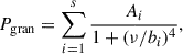 Mathematical equation: $$ \begin{aligned} P_{\rm gran} = \sum _{i= 1}^{s} \frac{A_{i}}{1 + (\nu /b_{i})^{4}}, \end{aligned} $$