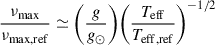Mathematical equation: $$ \begin{aligned} \frac{\nu _{\rm max}}{\nu _{\rm max, ref}}&\simeq \bigg (\frac{g}{g_{\odot }}\bigg ) \bigg (\frac{T_{\rm eff}}{T_{\rm eff, ref}}\bigg )^{-1/2} \end{aligned} $$