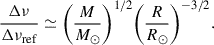 Mathematical equation: $$ \begin{aligned} \frac{\Delta \nu }{\Delta \nu _{\rm ref}} \simeq \bigg (\frac{M}{M_{\odot }}\bigg )^{1/2} \bigg (\frac{R}{R_{\odot }}\bigg )^{-3/2}. \end{aligned} $$