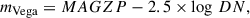 Mathematical equation: $$ \begin{aligned} m_{\rm Vega} = MAGZP - 2.5\times \log \,DN, \end{aligned} $$