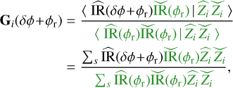 Mathematical equation: \begin{align} \textbf{G}_{i}(\dphir) &= \frac{\pscal{\widehat{\text{IR}}(\dphir) {\widecheck{\text{IR}}(\phir)}}{{\widehat{Z_i} \widecheck{\hphantom{\,}Z_i\hphantom{\,}}\!}}}{{\pscal{\widehat{\text{IR}}(\phir) \widecheck{\text{IR}}(\phir)}{\widehat{Z_i} \widecheck{\hphantom{\,}Z_i\hphantom{\,}}\!}}} \notag \\ &= \frac{\vcenter{\hbox{$\sum_s$}}\, \widehat{\text{IR}}(\dphir) {\widecheck{\text{IR}}(\phir) \widehat{Z_i} \widecheck{\hphantom{\,}Z_i\hphantom{\,}}\!}}{ {\vcenter{\hbox{$\sum_s$}}\, \widehat{\text{IR}}(\phir) \widecheck{\text{IR}}(\phir) \widehat{Z_i} \widecheck{\hphantom{\,}Z_i\hphantom{\,}}\!}} ,\end{align}