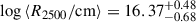 Mathematical equation: $ \log{\langle}R_{2500}/\mathrm{cm}{\rangle} = 16.37^{+0.48}_{-0.68} $