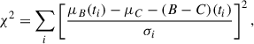 Mathematical equation: $$ \begin{aligned} \chi ^2 = \sum _i\left[\frac{\mu _B(t_i)-\mu _C-(B-C)(t_i)}{\sigma _i}\right]^2, \end{aligned} $$
