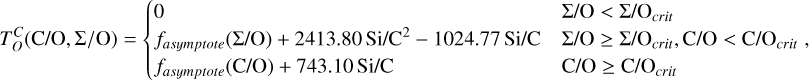 Mathematical equation: $T_O^C\left( {{\rm{C/O}},{\rm{\Sigma /O}}} \right) = \{ \matrix{ 0 \hfill & {{\rm{\Sigma /O}} < {\rm{\Sigma /}}{{\rm{O}}_{crit}}} \hfill \cr {{f_{asymptote}}\left( {{\rm{\Sigma /O}}} \right) + 2413.80\,{\rm{Si/}}{{\rm{C}}^2} - 1024.77\,{\rm{Si/C}}} \hfill & {{\rm{\Sigma /O}} \ge {\rm{\Sigma /}}{{\rm{O}}_{crit}},{\rm{C/O}} < {\rm{C/}}{{\rm{O}}_{crit}}} \hfill \cr {{f_{asymptote}}\left( {{\rm{C/O}}} \right) + 743.10\,{\rm{Si/C}}} \hfill & {{\rm{C/O}} \ge {\rm{C/}}{{\rm{O}}_{crit}}} \hfill \cr } ,$