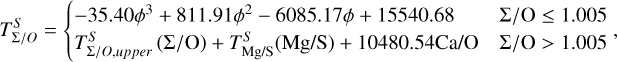 Mathematical equation: $T_{\rm{C}}^{\rm{O}} = {f_{lower}}\left( {{\rm{\Gamma /O}}} \right)\,\cdot\,\left( {1 - t\left( {{\rm{C/O}}} \right)} \right) + {f_{upper}}\left( {{\rm{\Gamma /O}}} \right)\,\cdot\,t\left( {{\rm{C/O}}} \right) + T_M^O\left( M \right) - T_M^O\left( {{M_ \odot }} \right).$