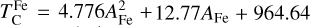 Mathematical equation: $T_{\rm{C}}^{{\rm{Fe}}} = 4.776A_{{\rm{Fe}}}^2 + 12.77{A_{{\rm{Fe}}}} + 964.64$