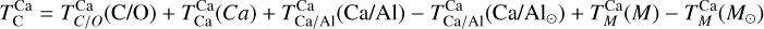 Mathematical equation: $T_{\rm{C}}^{{\rm{Ca}}} = T_{C/O}^{{\rm{Ca}}}\left( {{\rm{C/O}}} \right) + T_{{\rm{Ca}}}^{{\rm{Ca}}}\left( {Ca} \right) + T_{{\rm{Ca/Al}}}^{{\rm{Ca}}}\left( {{\rm{Ca/Al}}} \right) - T_{{\rm{Ca/Al}}}^{{\rm{Ca}}}\left( {{\rm{Ca/A}}{{\rm{l}}_ \odot }} \right) + T_M^{{\rm{Ca}}}\left( M \right) - T_M^{{\rm{Ca}}}\left( {{M_ \odot }} \right)$