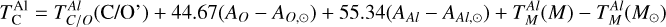 Mathematical equation: $T_{\rm{C}}^{{\rm{Al}}} = T_{C/O}^{Al}\left( {{\rm{C/O}}} \right) + 44.67\left( {{A_O} - {A_{O, \odot }}} \right) + 55.34\left( {{A_{Al}} - {A_{Al, \odot }}} \right)T_M^{Al}\left( M \right) - T_M^{Al}\left( {{M_ \odot }} \right)$