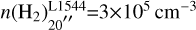 Mathematical equation: $\[n\left(\mathrm{H}_{2}\right)_{20^{\prime \prime}}^{\mathrm{L} 1544}{=}3 {\times} 10^{5} \mathrm{~cm}^{-3}\]$