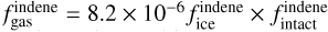 Mathematical equation: $f_{\mathrm{gas}}^{\mathrm{indene}}=8.2\times 10^{-6} f_{\mathrm{ice}}^{\mathrm{indene}}\times f_{\mathrm{intact}}^{\mathrm{indene}}$