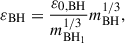 Mathematical equation: $$ \begin{aligned} \varepsilon _{\rm {BH}}=\frac{\varepsilon _{0,\mathrm {BH}}}{m_{\rm {BH_1}}^{1/3}}m_{\rm {BH}}^{1/3} ,\end{aligned} $$