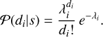 Mathematical equation: $\[\mathcal{P}\left(d_i {\mid} s\right)=\frac{\lambda_i^{d_i}}{d_{i}!} e^{-\lambda_i}.\]$