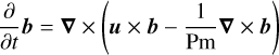Mathematical equation: $\frac{\partial}{\partial t} \boldsymbol{b}=\boldsymbol{\nabla} \times\left(\boldsymbol{u} \times \boldsymbol{b}-\frac{1}{\mathrm{Pm}} \boldsymbol{\nabla} \times \boldsymbol{b}\right)$