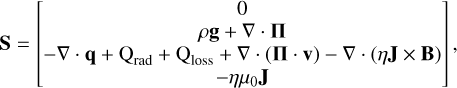 Mathematical equation: \mathbf{S} = \begin{bmatrix} 0 \\ \rho \mathbf{g} + \nabla \cdot \mathbf{\Pi} \\ -\nabla \cdot \mathbf{q} + \qradEQ + \qlossEQ + \nabla\cdot \left(\mathbf{\Pi}\cdot \mathbf{v} \right) - \nabla \cdot \left( \eta \mathbf{J} \times \mathbf{B} \right) \\ -\eta \mu_0 \mathbf{J} \end{bmatrix} ,
