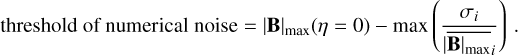 Mathematical equation: \text{threshold of numerical noise} = |{\bf B}|_{\rm max}(\eta = 0) - \text{max}\left(\frac{\sigma_i}{ {|\overline{\bf B|_{\rm max}}}_i }\right) \, .