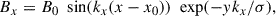 Mathematical equation: $$ \begin{aligned} B_x&= B_0 \ \text{ sin}(k_x(x-x_0)) \ \text{ exp}(-yk_x/\sigma ),\end{aligned} $$