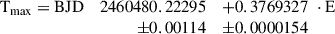 Mathematical equation: $$ \begin{aligned} \begin{array}{lrl} \mathrm{T_{max}} = \mathrm{BJD}&2460480.22295&+ 0.3769327\,\, \cdot \mathrm{E}\\&\pm 0.00114&\pm 0.0000154 \end{array} \end{aligned} $$