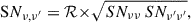 Mathematical equation: $$ \begin{aligned} \mathrm SN_{\nu ,\nu ^{\prime }} = \mathcal R \times \sqrt{SN_{\nu \nu } \, SN_{\nu ^{\prime } \nu ^{\prime }}}, \end{aligned} $$