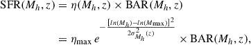 Mathematical equation: $$ \begin{aligned} \begin{split} \mathrm{SFR}(M_h, z)&= \eta (M_h, z) \times \mathrm{BAR}(M_h, z) \\&= \eta _{\rm max} \, e^{- \frac{\left[ ln(M_h) - ln(M_{\rm max}) \right]^2}{2\sigma ^2_{M_h}(z)}} \times \mathrm{BAR}(M_h, z), \end{split} \end{aligned} $$