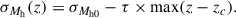 Mathematical equation: $$ \begin{aligned} \sigma _{M_{\rm h}} (z) = \sigma _{M_{\rm h0}} - \tau \times \mathrm{max}(z - z_c). \end{aligned} $$
