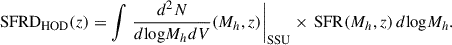 Mathematical equation: $$ \begin{aligned} \mathrm{SFRD}_{\rm HOD}(z) = \int \left.\frac{d^2N}{d\mathrm{log}M_h dV}(M_h, z)\right|_{\rm SSU} \times \, \mathrm{SFR}(M_h,z) \, d\mathrm{log}M_h. \end{aligned} $$