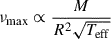 Mathematical equation: $ \nu_{\mathrm{max}} \propto \frac{M}{R^2 \sqrt{T_{\mathrm{eff}}}} $