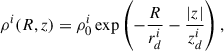 Mathematical equation: $$ \begin{aligned} \rho ^i (R,z) = \rho _0^i \exp \left(-\frac{R}{r_d^i}-\frac{|z|}{z_d^i}\right) , \end{aligned} $$