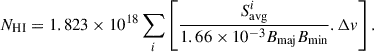 Mathematical equation: $$ \begin{aligned} N_{\rm HI} = 1.823 \times 10^{18} \sum _i \left[ \frac{S^i_{\rm avg}}{1.66\times 10^{-3} B_{\rm maj} B_{\rm min}} .\Delta v \right]. \end{aligned} $$