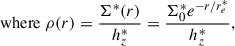 Mathematical equation: $$ \begin{aligned} \mathrm{where}~\rho (r)&= \frac{\Sigma ^*(r)}{h^*_z} = \frac{\Sigma _0^* e^{-r/r_e^*}}{h^*_z}, \end{aligned} $$